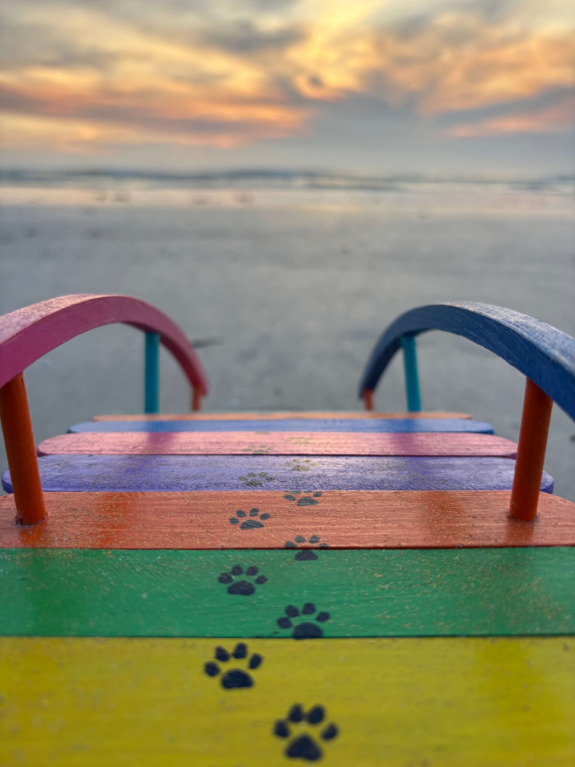 A handmade Rainbow Bridge at the edge of the surf at sunrise, paw prints in the sand leading toward the ocean