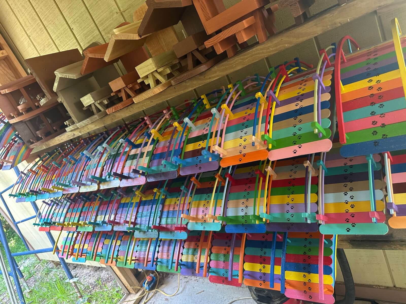 Paul's workshop overflowing with bridges and squirrel feeders