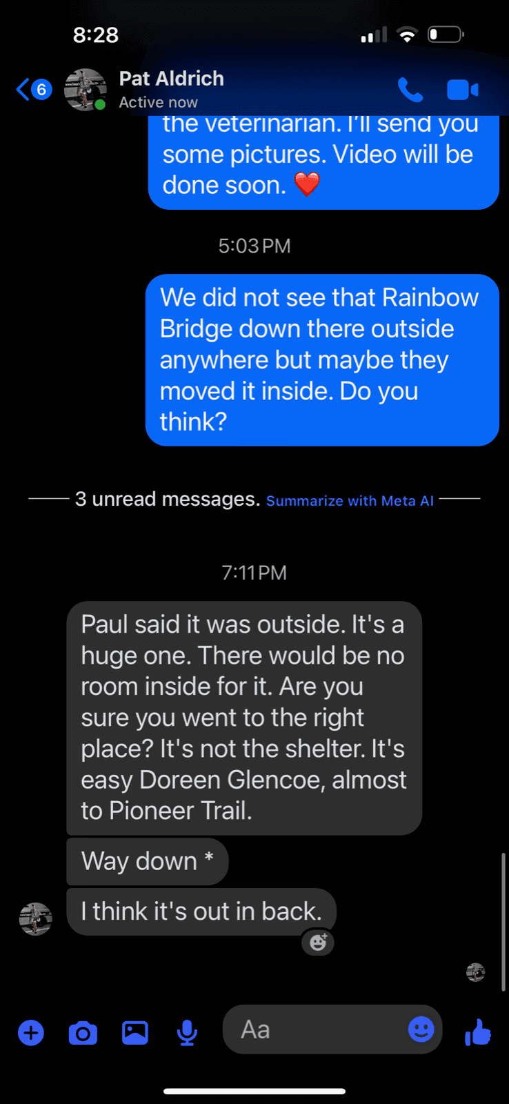 Pat giving Amber directions to Paul's biggest bridge at Glencoe Veterinary Hospital. 'Paul said it was outside. It's a huge one. It's easy, Doreen Glencoe, almost to Pioneer Trail. I think it's out in back.'