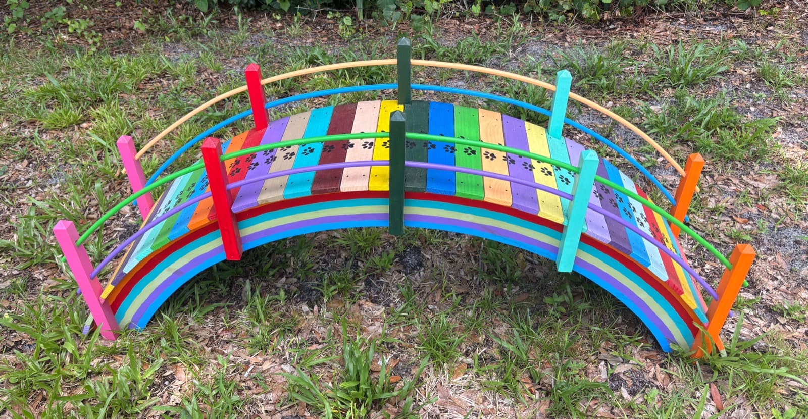 Paul Allabaugh's last large rainbow bridge, the hand-painted deck with paw prints, seen from the side and above