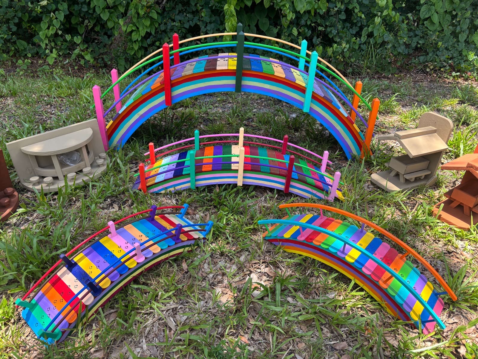 Paul's full handmade collection: the rainbow bridges together with his wooden feeders