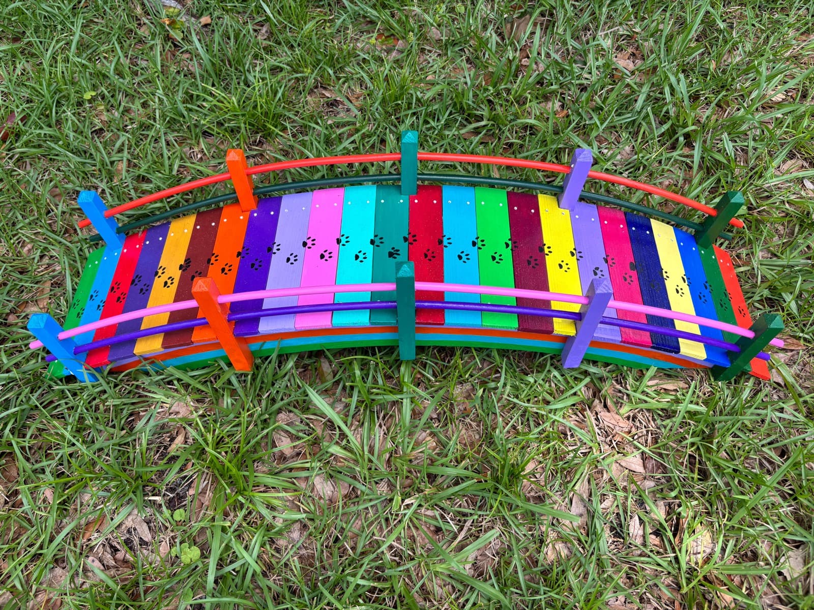 Medium rainbow bridge one by Paul Allabaugh, hand-painted deck with paw prints, seen from above