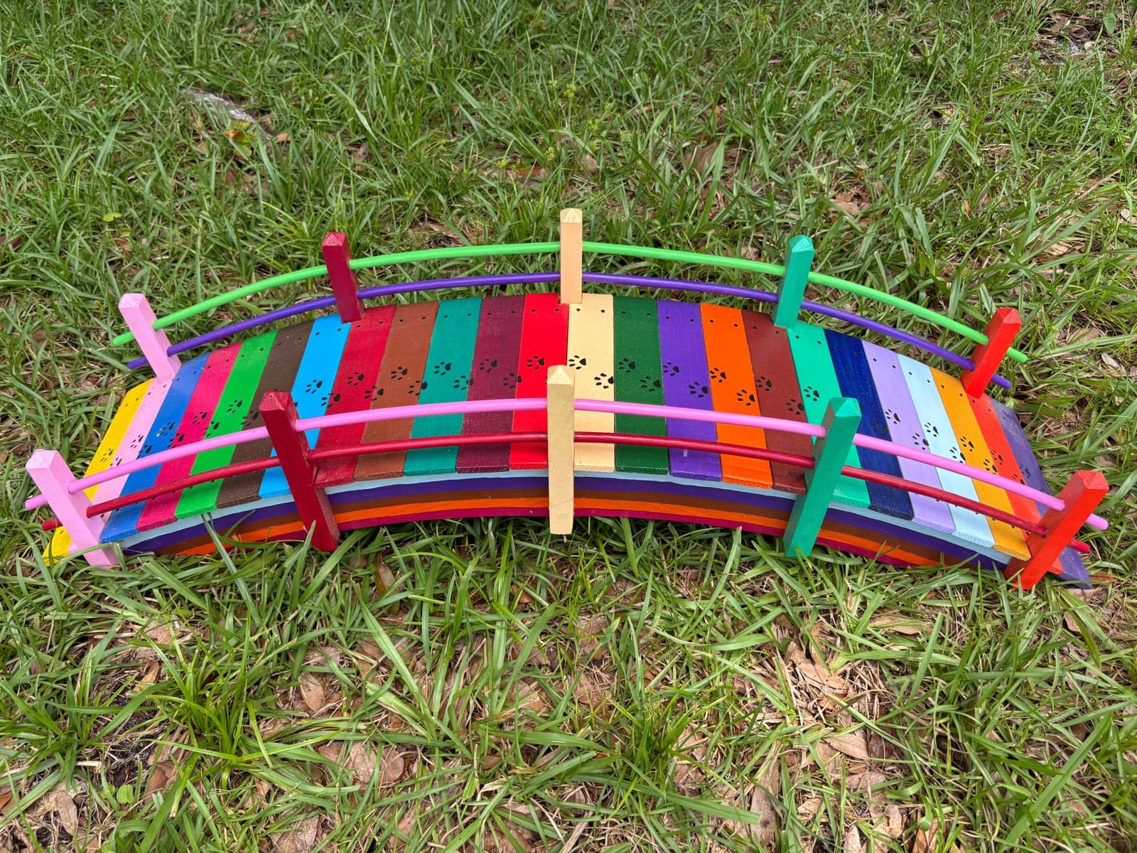 Medium rainbow bridge two by Paul Allabaugh, hand-painted deck with paw prints, seen from above