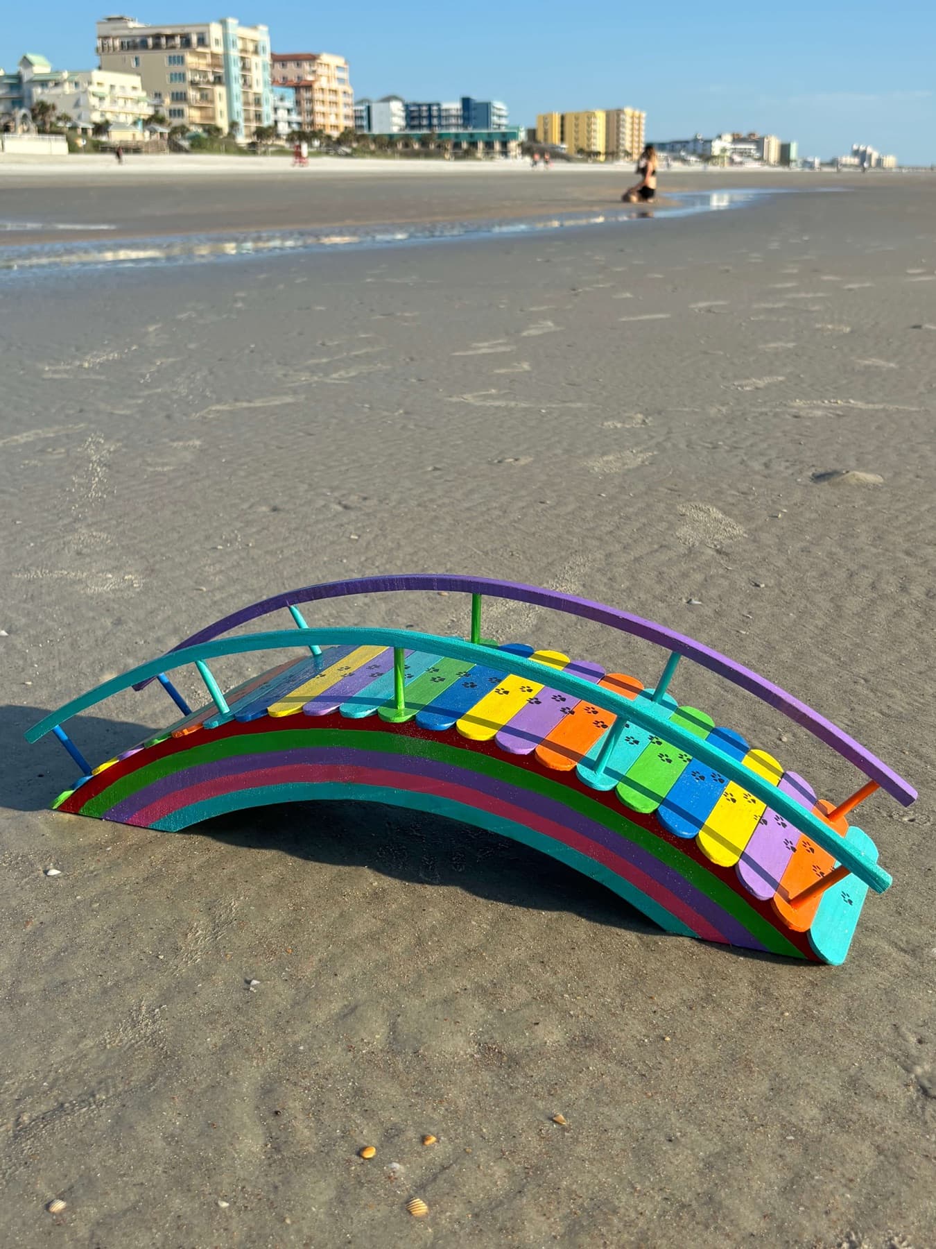 The first giveaway Rainbow Bridge on the beach at sunrise, the ocean behind it